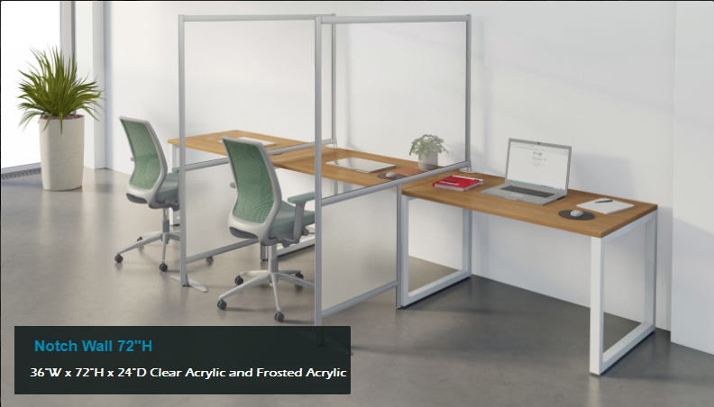 Notch Wall Desk Divider Clear Frosted Acrylic 36"- 42"W x 54"H - 72"H