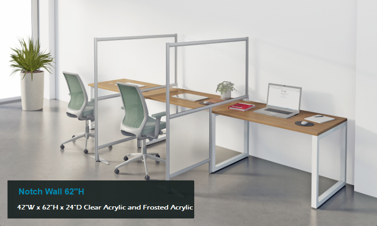 Notch Wall Desk Divider Clear Frosted Acrylic 36"- 42"W x 54"H - 72"H
